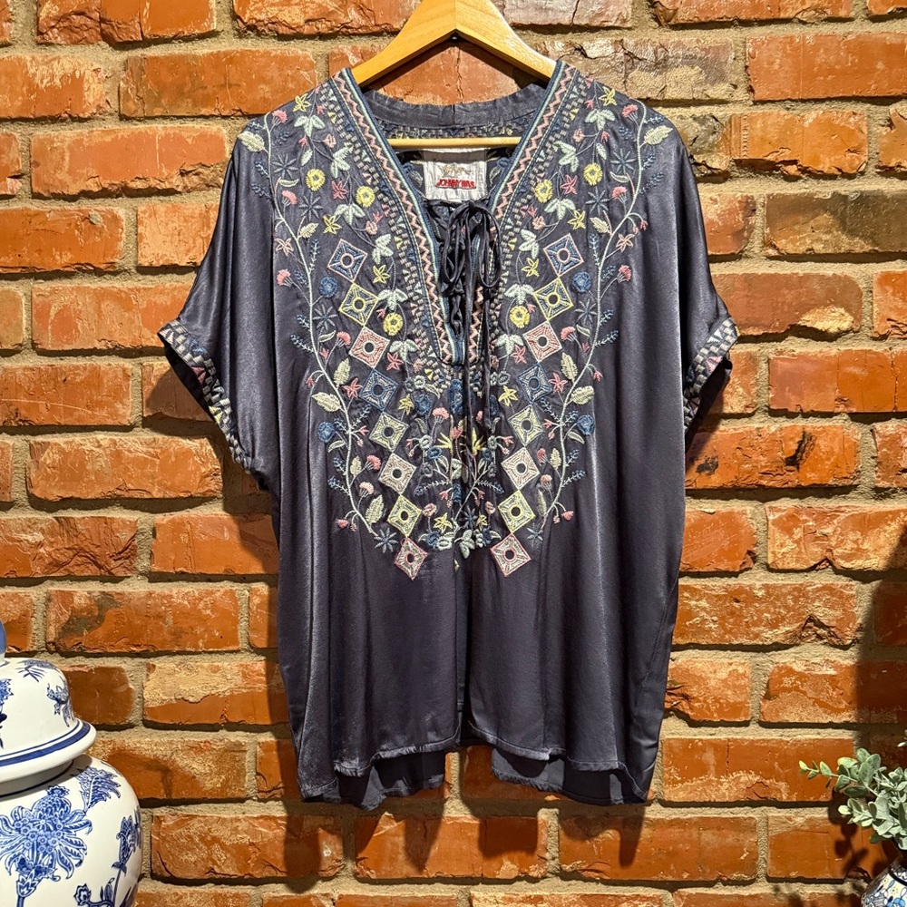 Johnny Was Embroidered Top Lace Up V-Neck Oversized Size Tunic Med
